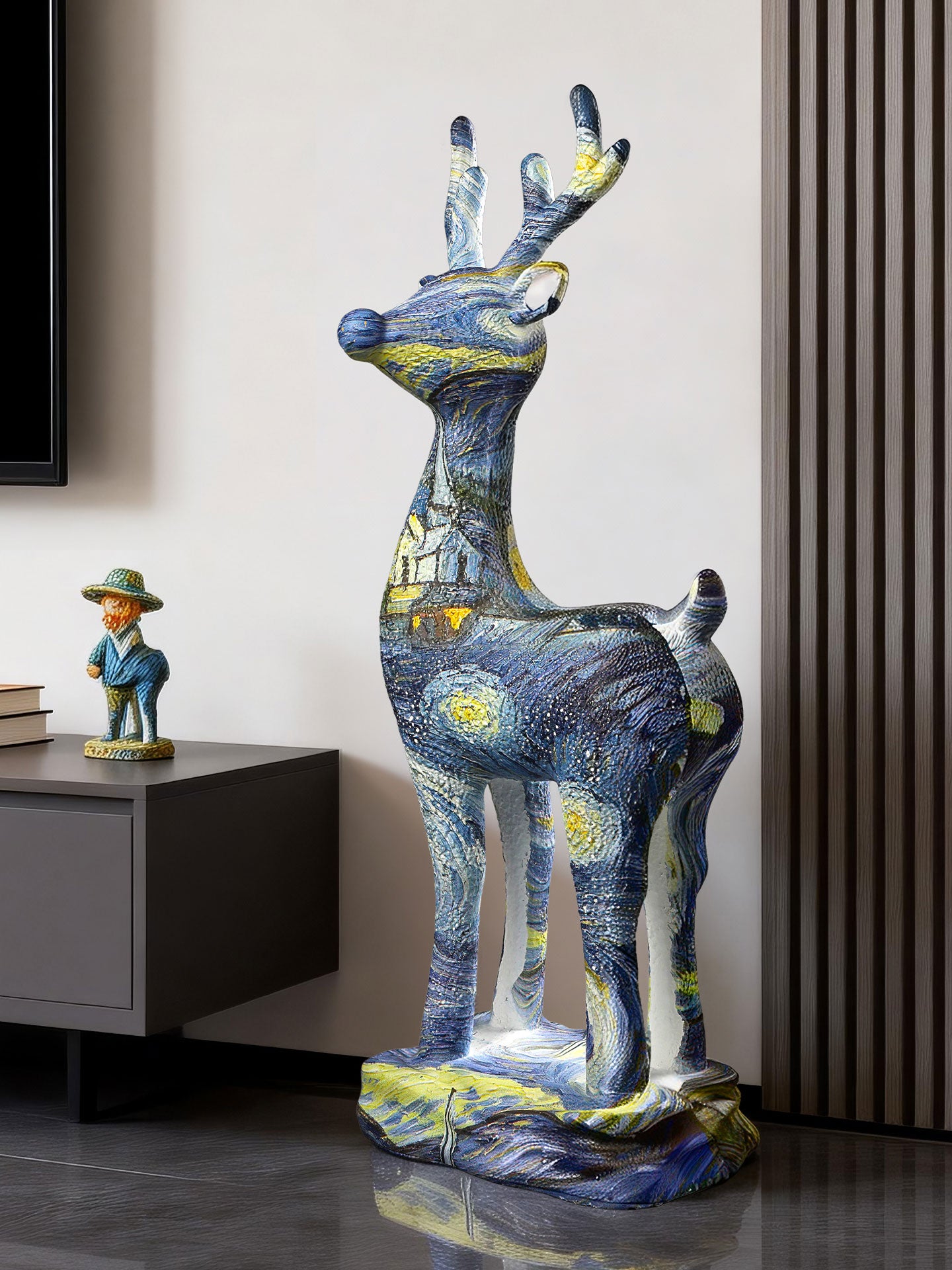 Large Deer Statue, Blue Gold Abstract Floor Sculpture for Home Decor, 25.6 Inch