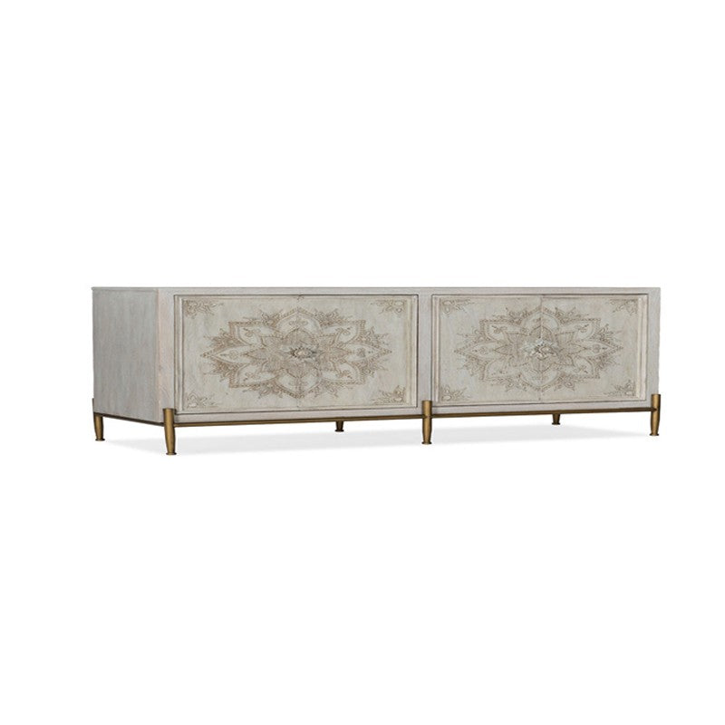 Whitewashed Storage Coffee Table with 4 Doors and Metal Base