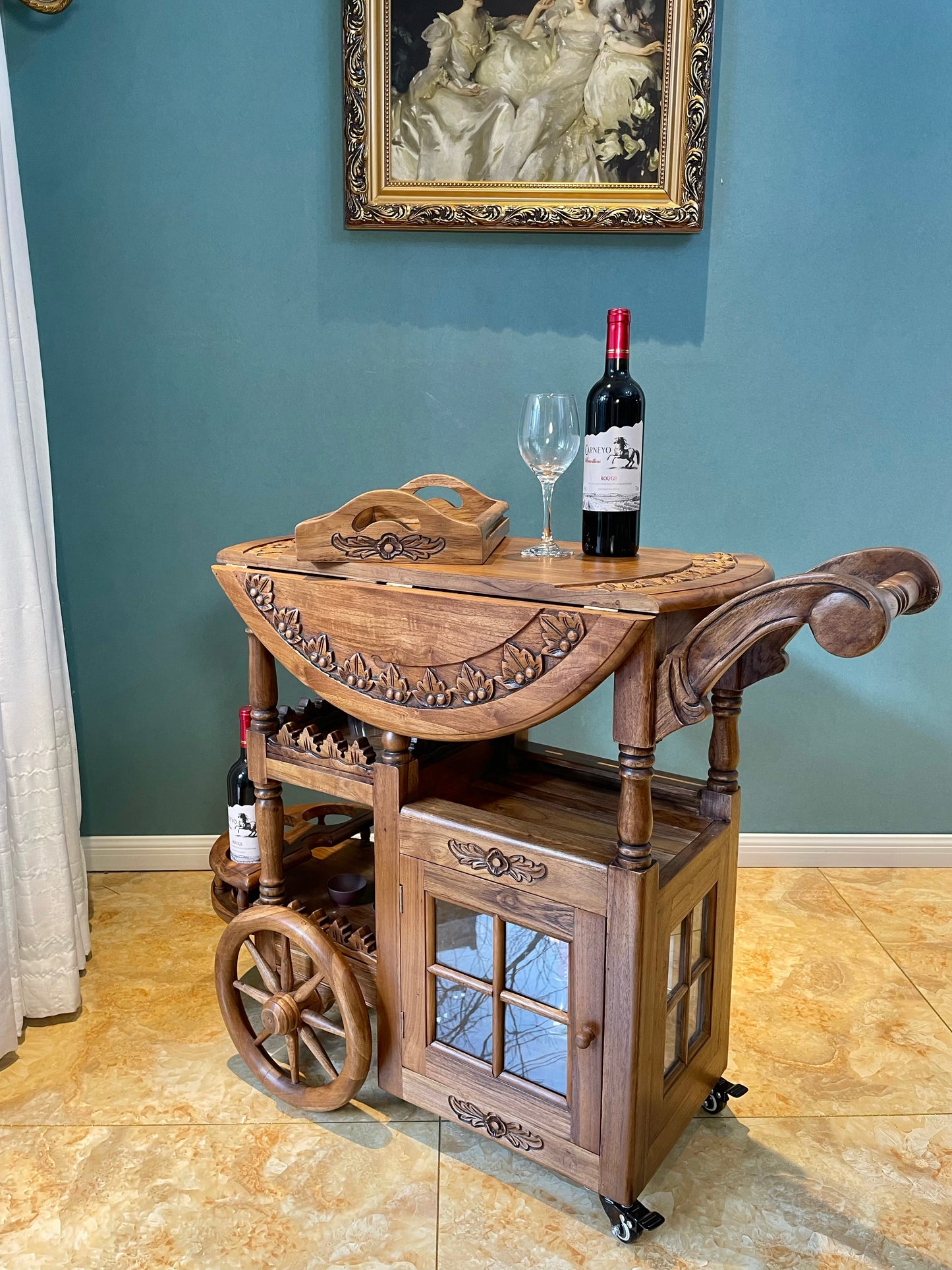 Solid Teak Rolling Bar Cart with Folding Top and Cabinet