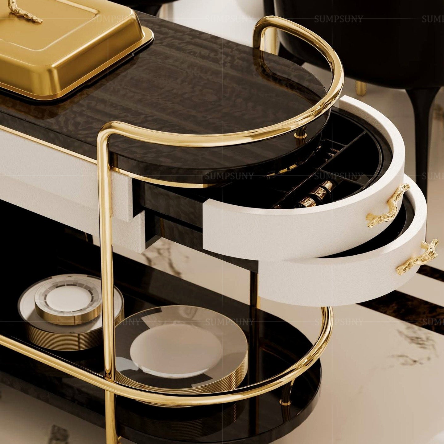 Black Wood Serving Cart with Drawers Gold Tone Frame and Wheels
