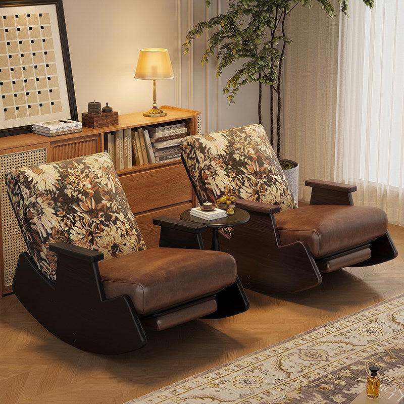 Walnut Wood Rocking Lounge Chair with Floral Cushion and Footrest