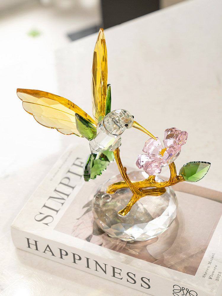 Crystal Hummingbird Figurine with Flower, Gold Decorative Bird Sculpture