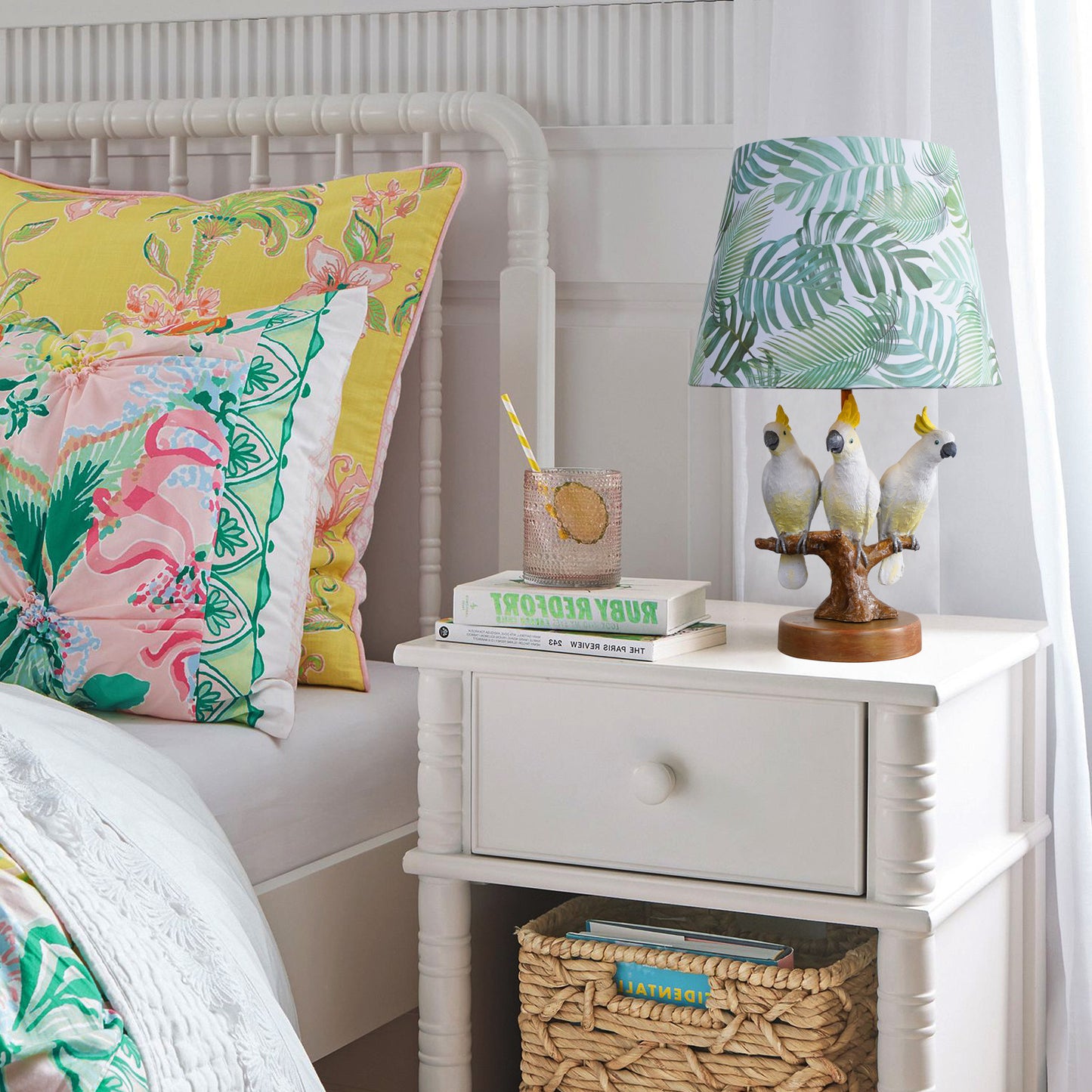 Tropical Bird Table Lamp, Cockatoo Parrot Bedside Lamp with Leaf Print Fabric Shade, Button Switch and Two-Pin Plug for Bedroom, Kids Room, Study, Nightstand and Hotel Decor