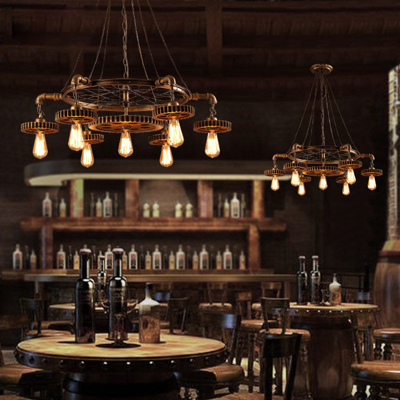 Industrial Gear Wheel Chandelier, 7 Light Vintage Loft Pendant Light with Metal Pipe and Bicycle Wheel Design, Rustic E27 Hanging Ceiling Lamp for Dining Room, Cafe, Bar, Restaurant, Hallway