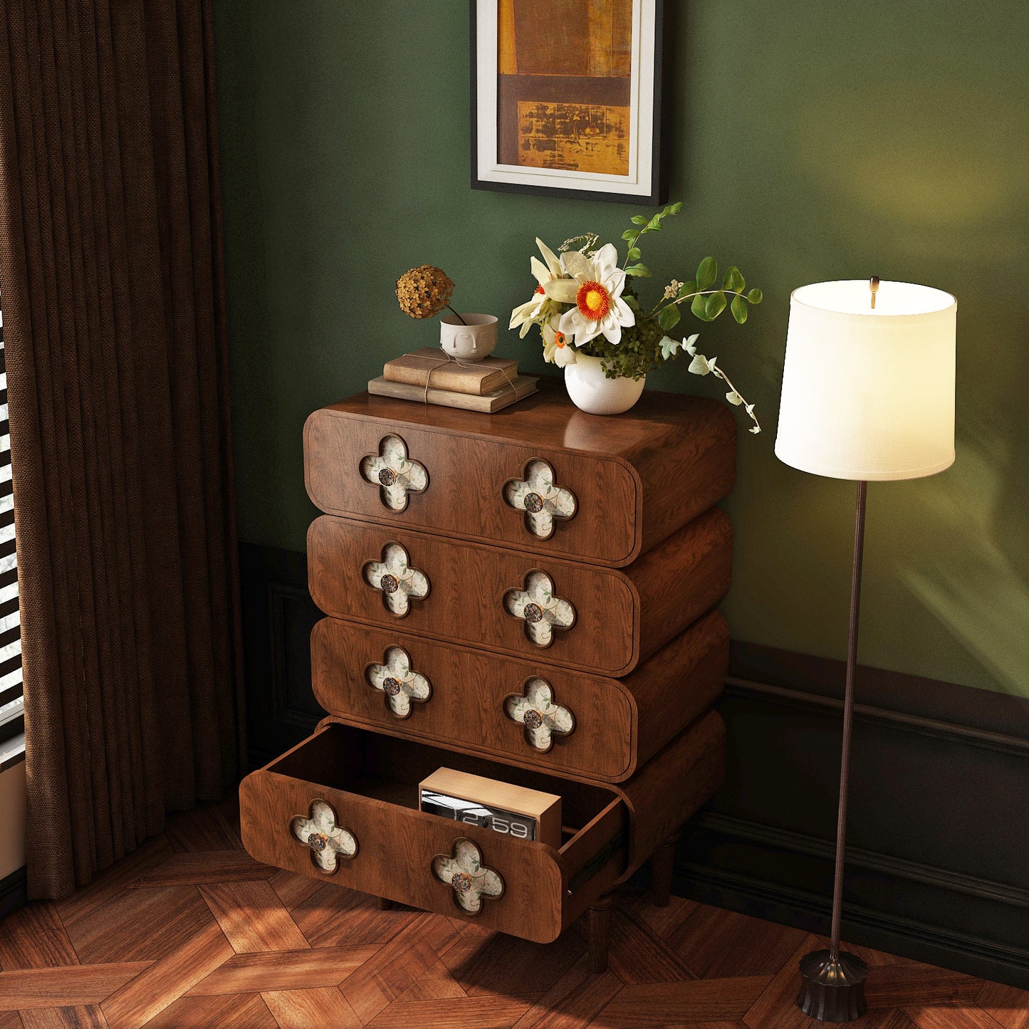 Solid Walnut Wood 8-Drawer Chest, Narrow Dresser with Floral Quatrefoil Inlay Pulls, Tall Storage Cabinet for Bedroom, Nursery, Living Room or Entryway