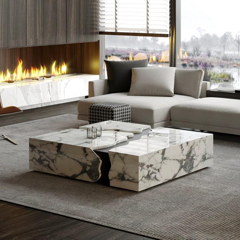 White Marble Top Coffee Table with Solid Wood Base for Living Room