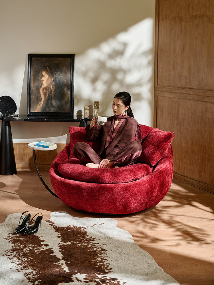 Burgundy Chenille Swivel Barrel Chair with Side Table and Pillows