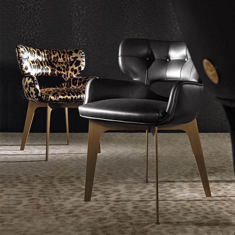 Leopard Print Upholstered Dining Chair with Arms and Metal Legs