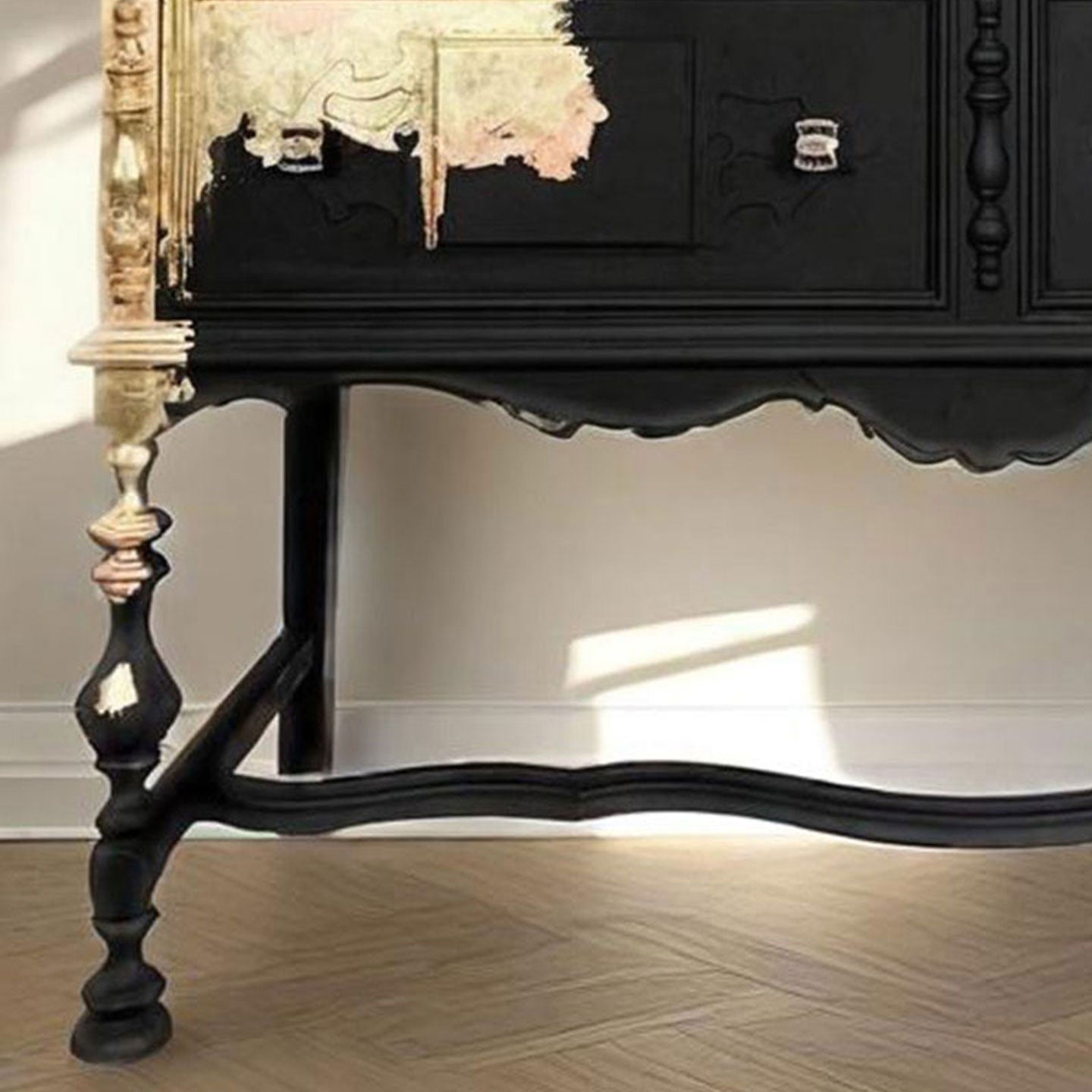 Black and Gold Hand-Painted Solid Wood Console Cabinet, French Vintage 2-Drawer Entryway Sideboard with Distressed Finish, Turned Legs and Curved Stretcher for Hallway, Dining Room and Living Room