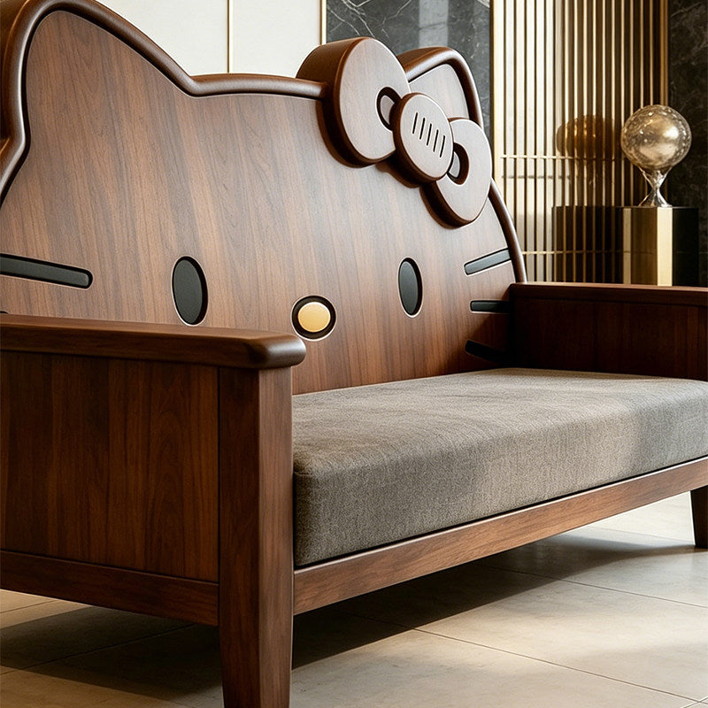 Ash Wood Cat-Shaped Loveseat with Gray Upholstered Cushion