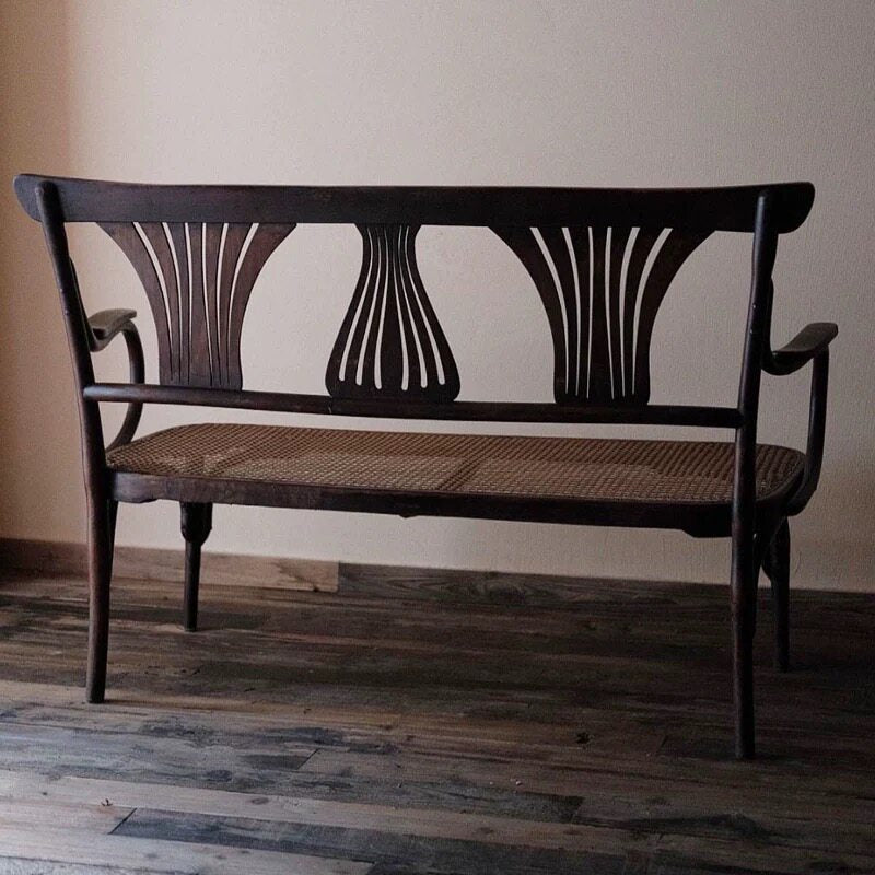 Dark Wood Cane Loveseat Bench with Fan Back and Arms