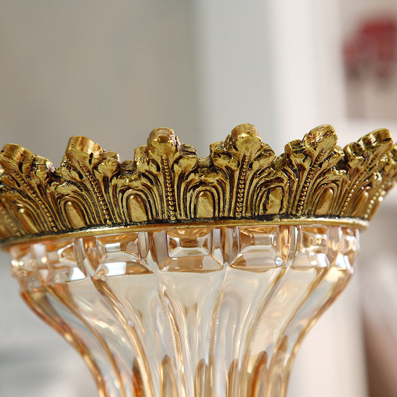 Gold Glass Pedestal Vase, European Style Decorative Flower Vase with Ornate Resin Base, Tall Table Centerpiece Urn for Faux Flowers, Dining Table, Entryway, Hotel, Living Room Decor