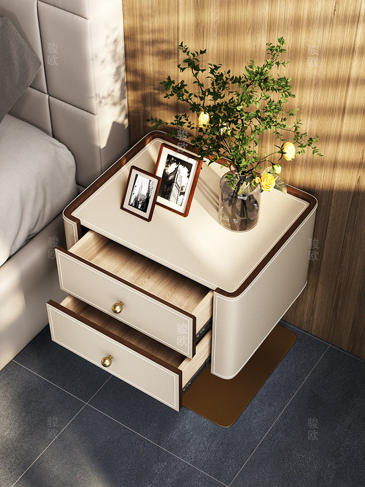 Cream Leather Look Nightstand with 2 Drawers, Modern Bedside Table with Gold Tone Pedestal Base, Solid Wood Frame Storage Cabinet for Bedroom, Living Room, Guest Room, Small Spaces