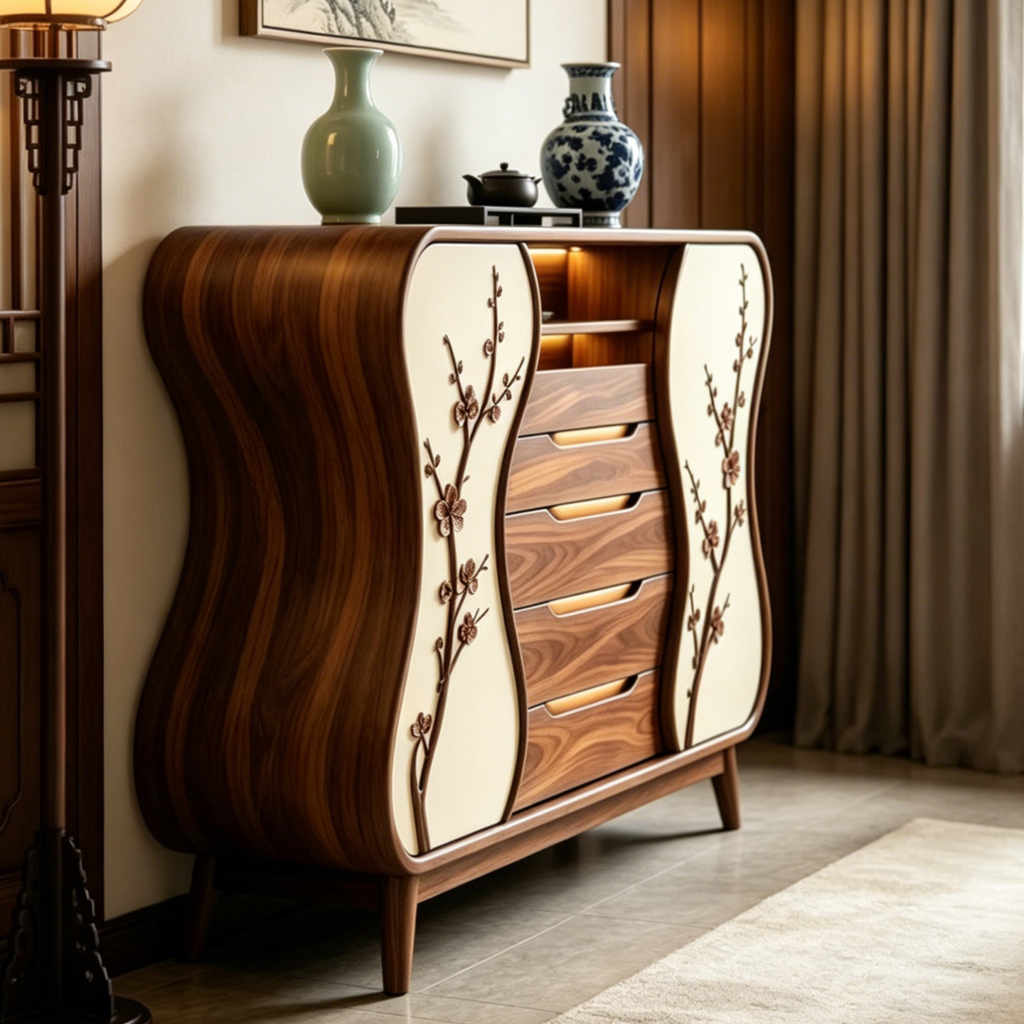 Ash Wood 5-Drawer Dresser with Floral Panels and Open Shelf