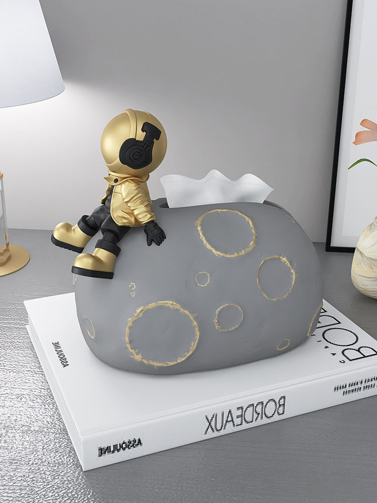 Gold Resin Astronaut Moon Tissue Box Cover, Decorative Space-Themed Facial Tissue Holder with Sculptural Moon Base for Living Room Coffee Table, Bedroom Nightstand, Dining Table and Office Desk