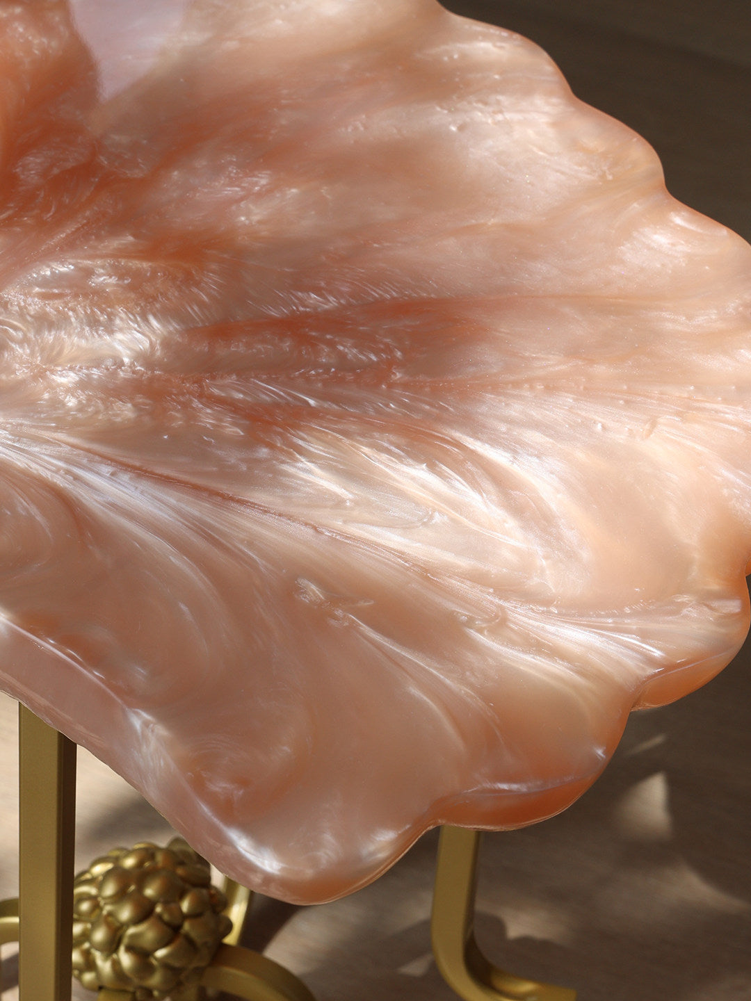 Pink Resin Shell Side Table with Gold Metal Base, Sculptural End Table