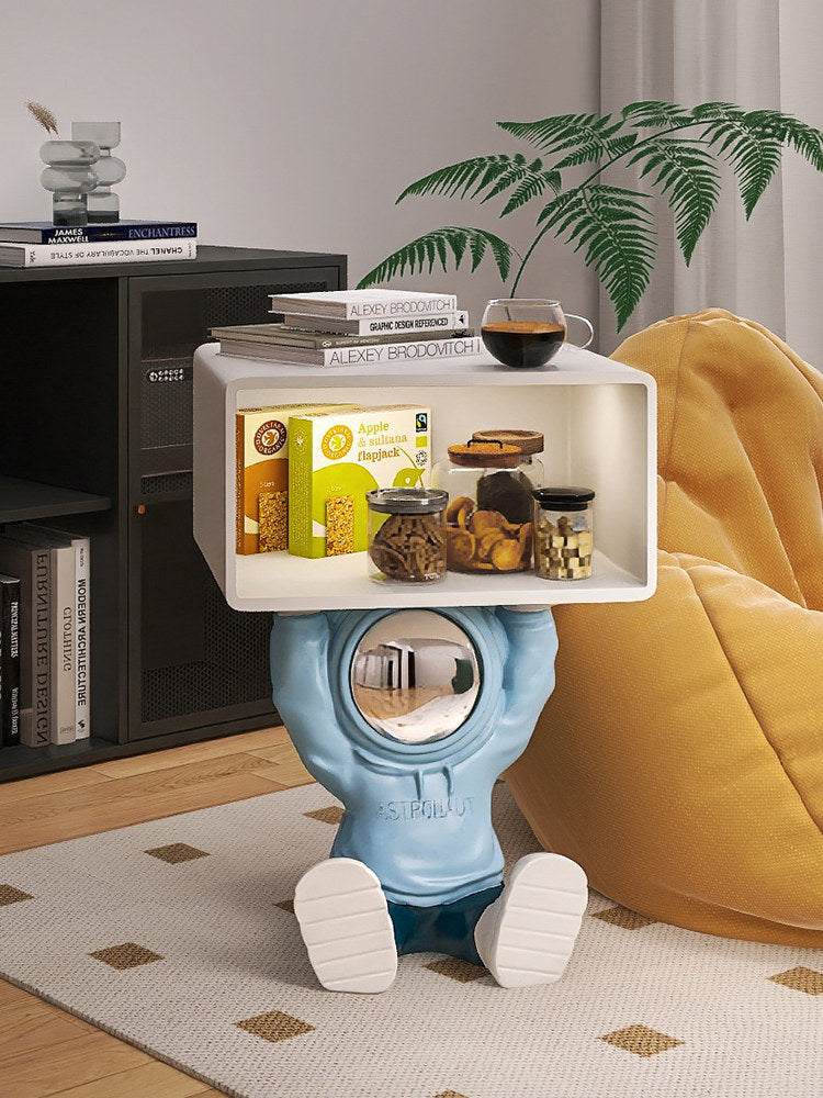 Blue and White Resin Astronaut Side Table with White Wood Storage Cabinet, Motion Sensor Light, Cartoon Kids Bedside End Table for Bedroom, Nursery, Playroom, Living Room and Sofa Side Use