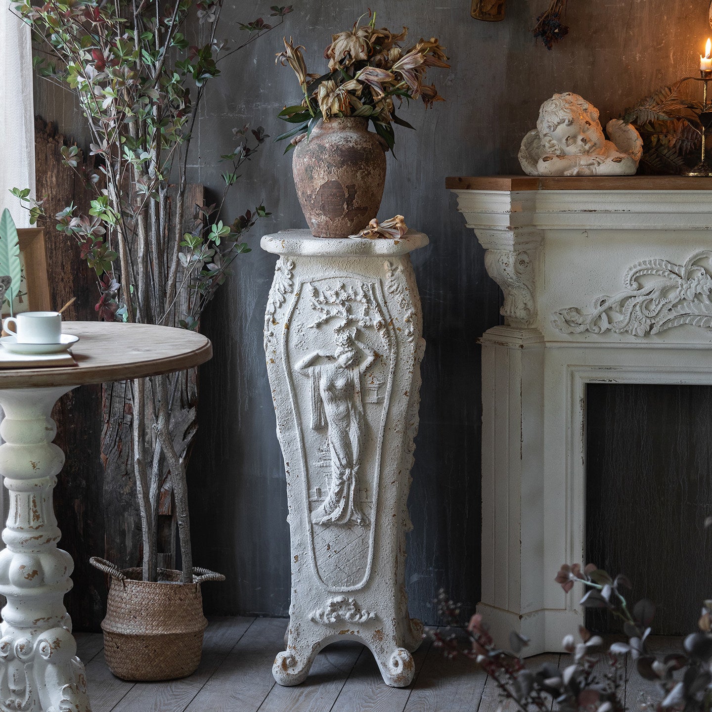 Antique White Decorative Pedestal Vase, European Style Floor Column with Classical Goddess Relief, Distressed Tall Urn Stand for Entryway, Fireplace, Wedding Decor, Photography Prop