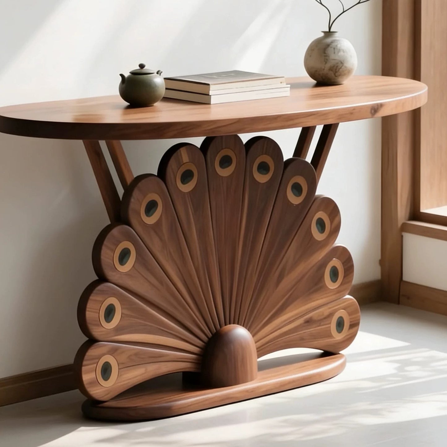 Solid Ash Wood Peacock Entryway Console Table, Walnut Finish