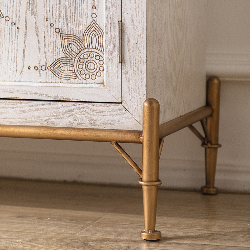 White Mandala Accent Cabinet, Cream Carved 2 Door Storage Cabinet with Gold Legs, Vintage Entryway Cabinet, Small Sideboard, Living Room Credenza and Hallway Console