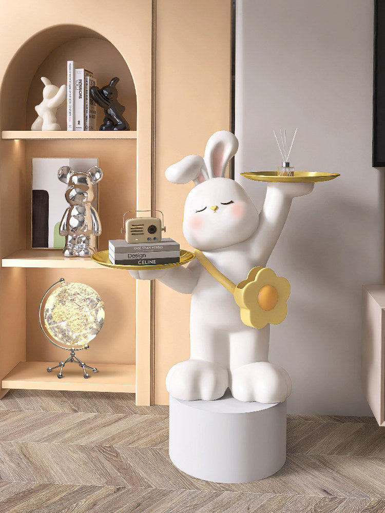 White Resin Rabbit Side Table with Dual Gold Stainless Steel Trays, Cute Sculptural Bunny Accent End Table for Living Room, Bedroom, Nursery, Sofa Side and Small Spaces
