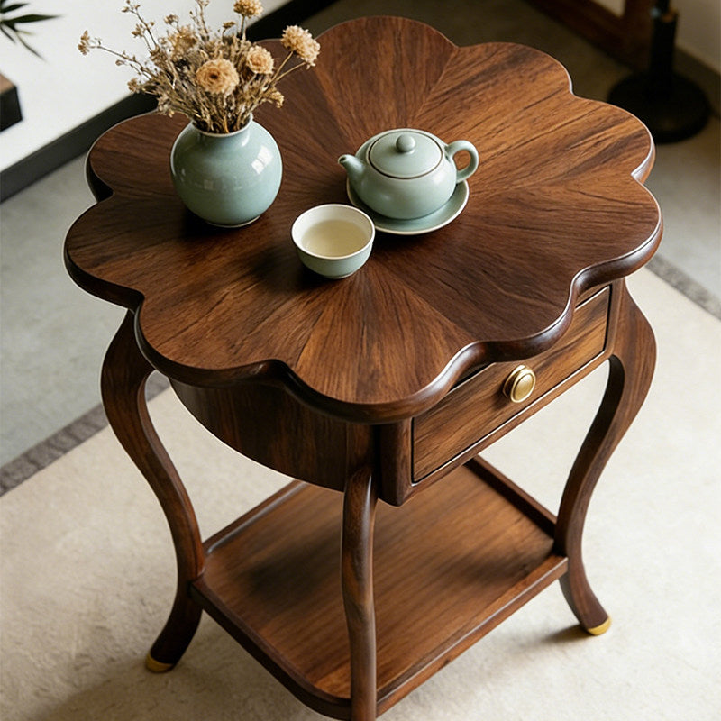 Ash Wood Flower Side Table with Drawer and Lower Shelf