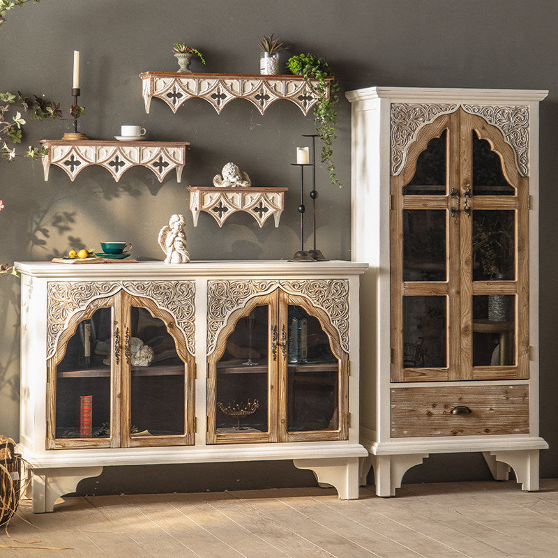 Ivory 2-Door Display Cabinet with Glass Panels, Drawer and Carved Floral Trim
