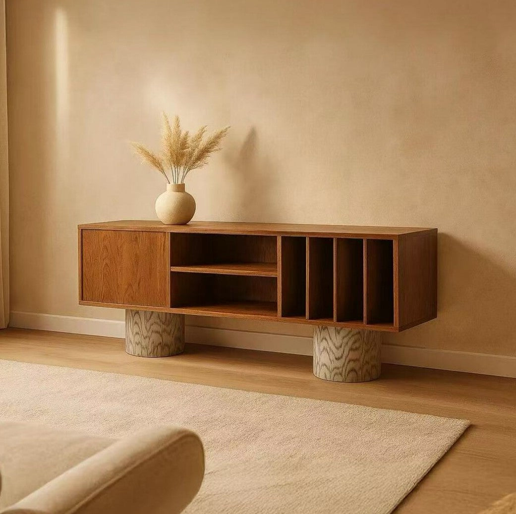 Solid Wood Open Shelf Sideboard Cabinet, Low Storage Credenza with Door and Vertical Dividers, Wabi Sabi Console Cabinet for Living Room, Entryway or Dining Room