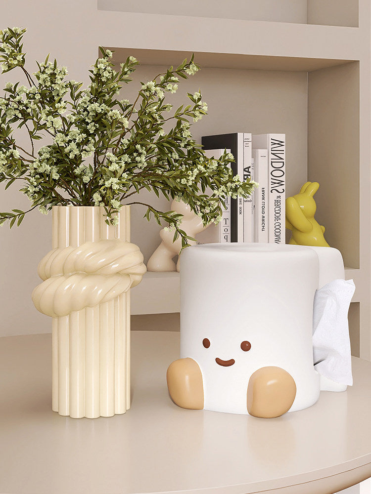 White and Beige Ceramic Character Tissue Box Holder, Cute Smiling Person-Shaped Facial Tissue Cover with Side Dispensing Opening for Living Room, Bedroom, Bathroom and Office Desk Decor