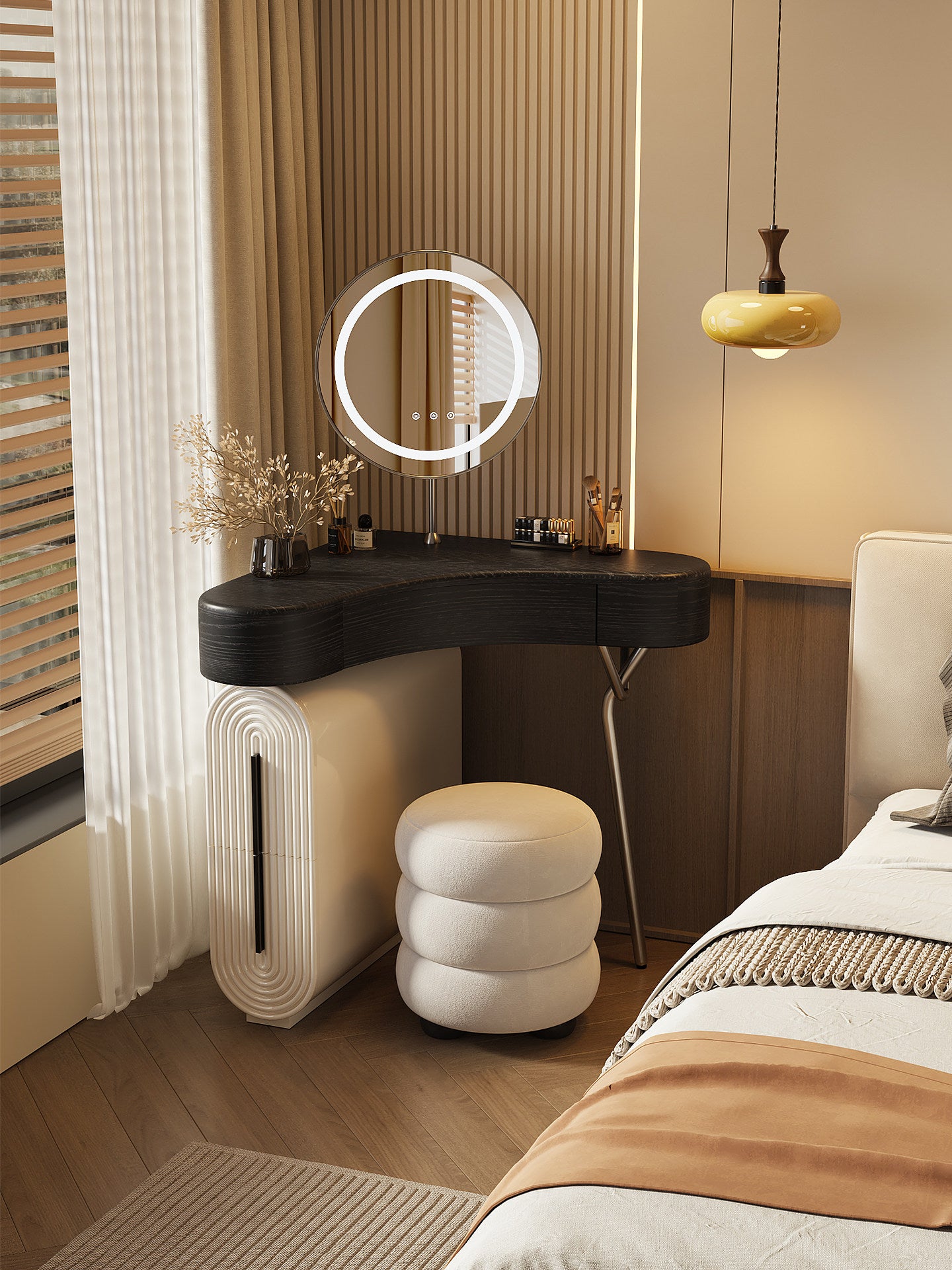 Corner Vanity Table Set with Mirror and Round Stool, Walnut and Khaki Gray