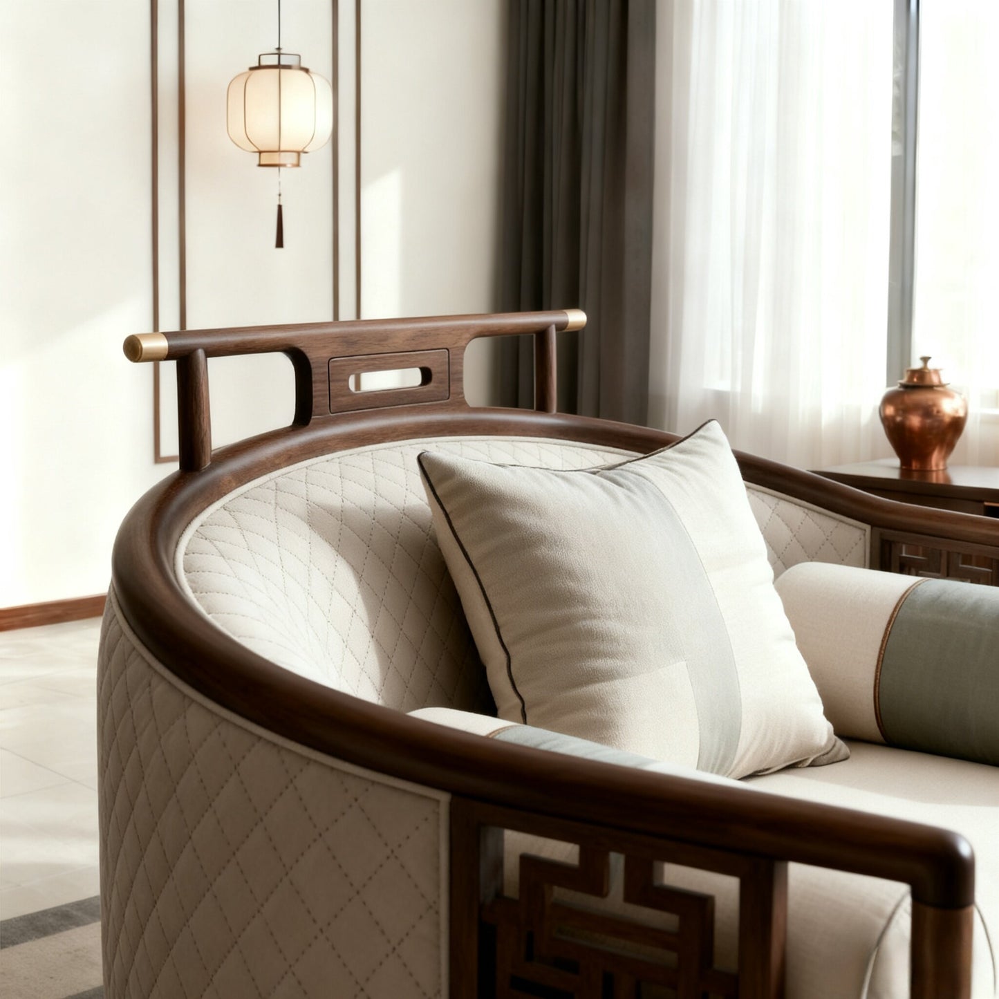 Ash Wood Barrel Accent Chair with Quilted White Upholstery