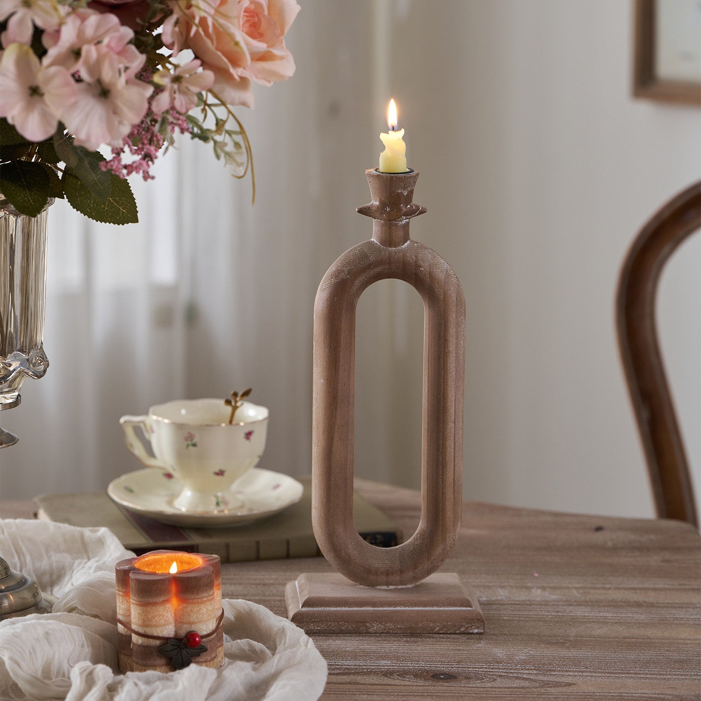 Tall Wooden Candle Holder, 13 Inch Modern Loop Candlestick Stand, Rustic Wood Candle Holder for Dining Table Centerpiece, Wedding Decor, Living Room Shelf, Mantel and Photo Prop