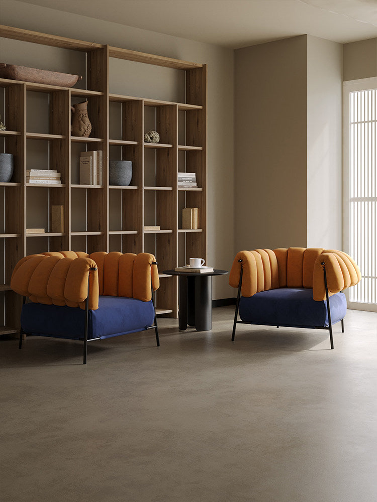 Orange Velvet and Blue Velvet Accent Armchair with Channel Tufted Wraparound Back, Carbon Steel Frame, Modern Retro Lounge Chair for Living Room, Bedroom, Balcony, Hotel and Reading Nook