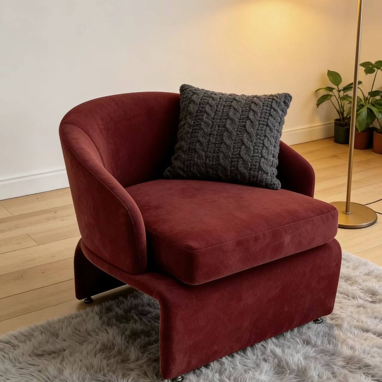 Red Velvet Accent Chair with Curved Arms for Living Room and Bedroom