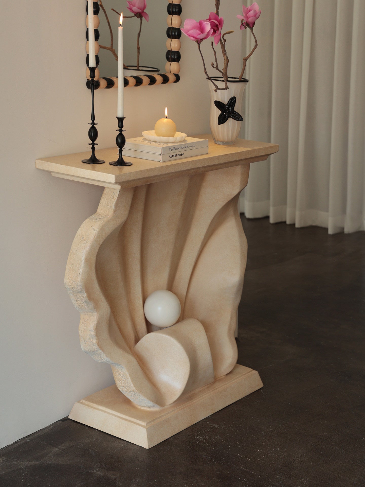 Ivory Shell Console Table with Pearl Accent, Sculptural Entryway Table