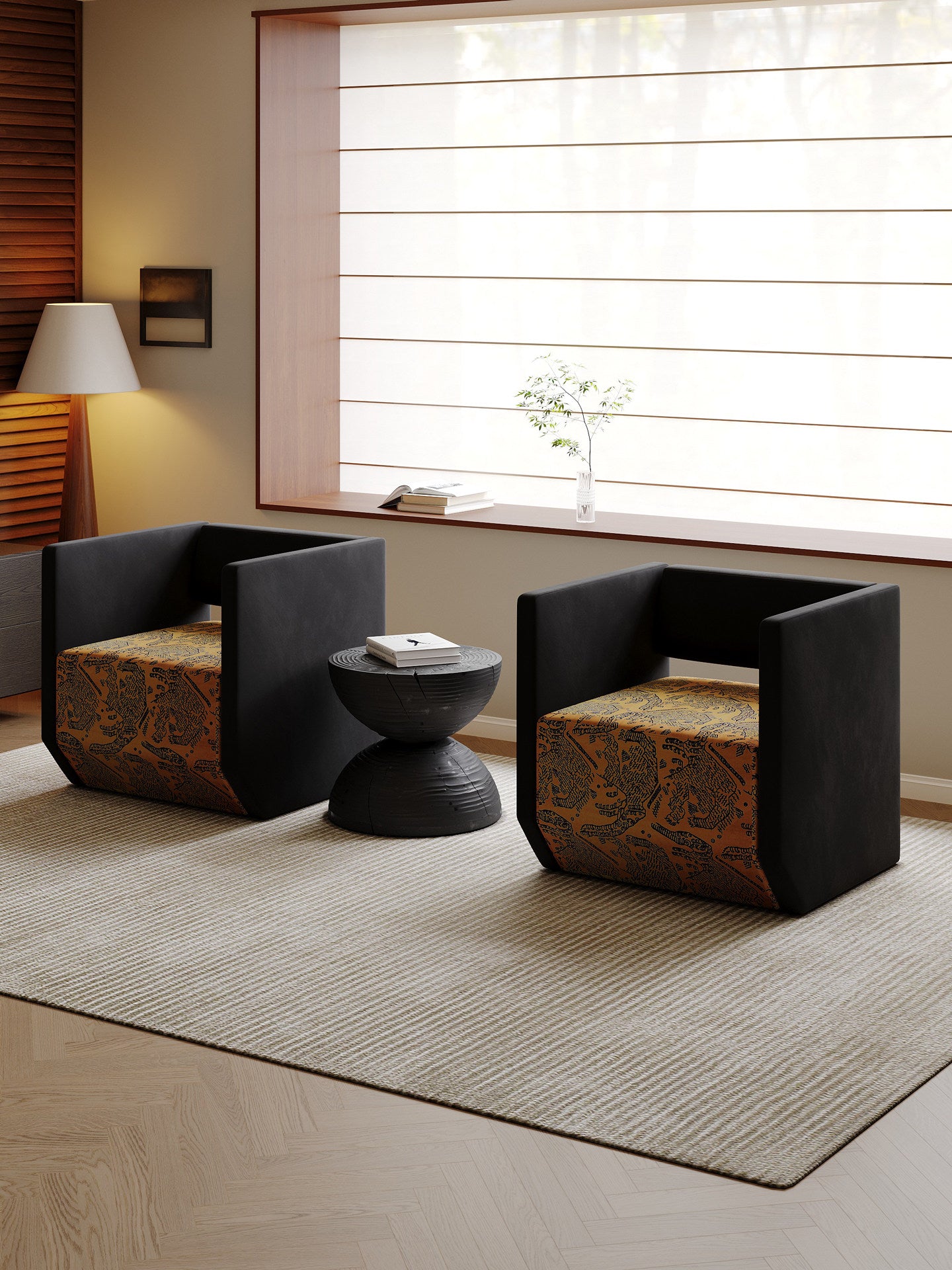 Black Upholstered Cube Accent Chair with Golden Brown Tiger Print Seat, Geometric Square Armchair with Enclosed Back for Living Room, Bedroom, Apartment, Hotel and Reading Corner