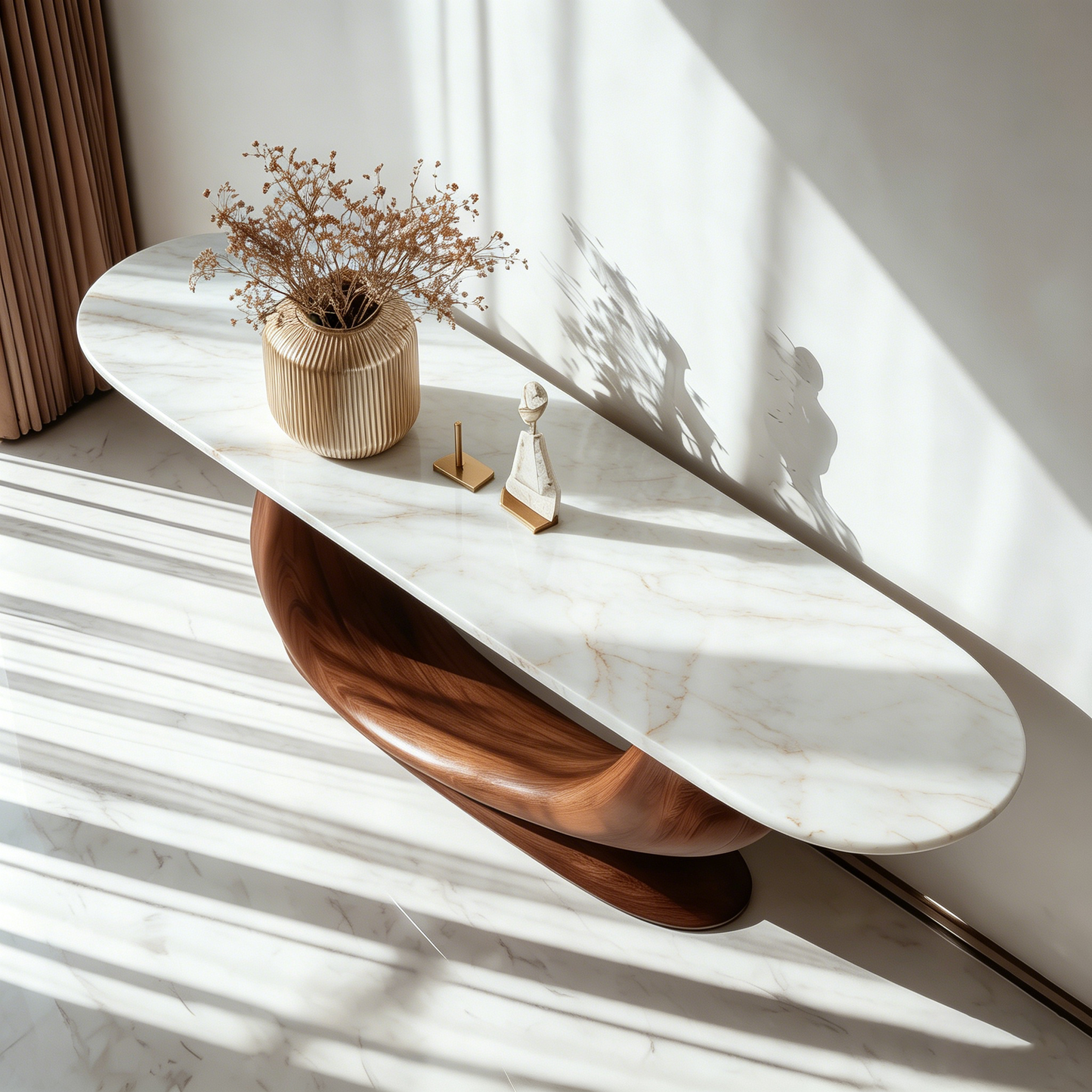 Modern Console Table with Stone Top, Sculptural Wood Entryway Table for Foyer