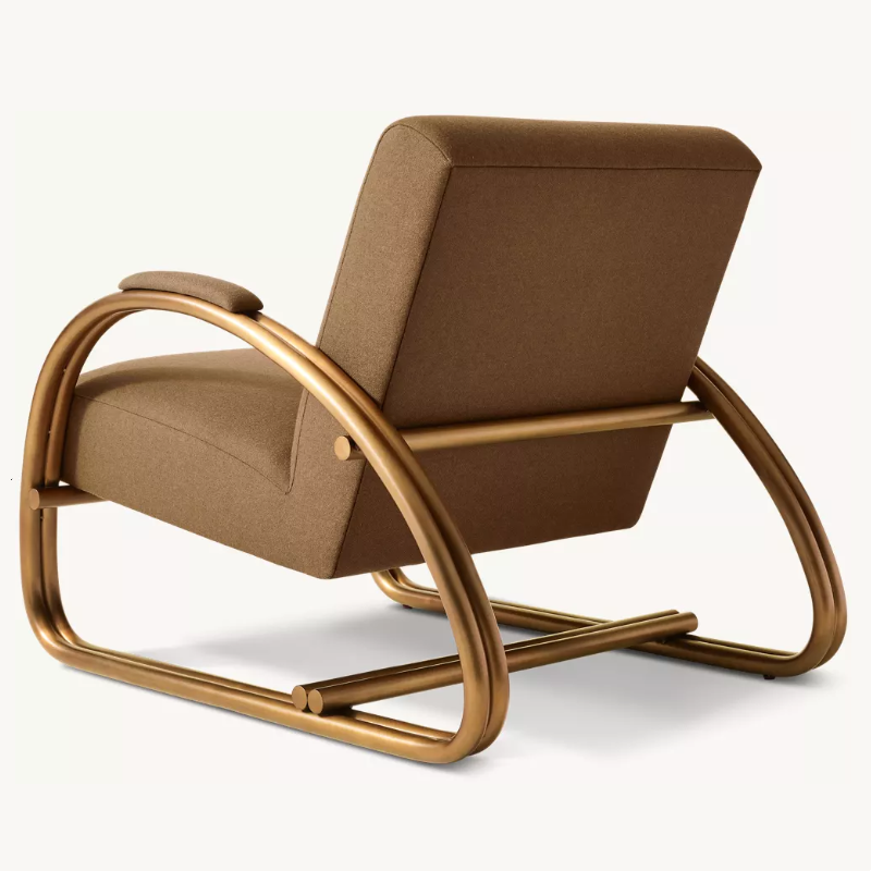 Brown Upholstered Accent Chair, Deep Lounge Armchair with Curved Bronze-Tone Frame for Living Room, Hotel, Villa, Bedroom, Reception Seating