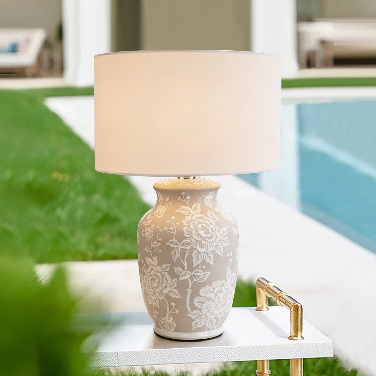 Beige Floral Ceramic Table Lamp with White Fabric Shade, Raised Flower Relief Bedside Lamp with E27 Socket and Button Switch, Decorative Nightstand Lamp for Bedroom Living Room