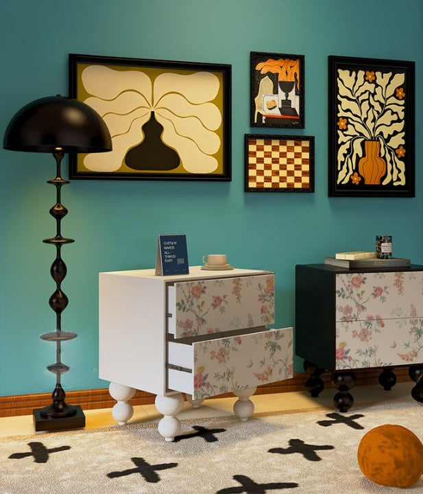 Ivory Floral Nightstand with 2 Drawers and Turned Wood Legs