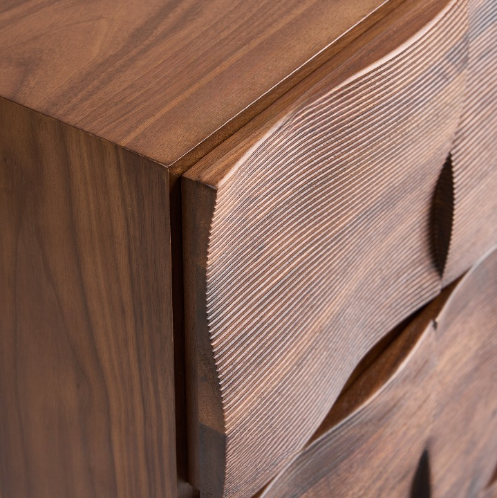 Walnut Ribbed Sideboard Cabinet, Modern Wood Storage Credenza, Textured Multi Drawer Dresser Cabinet, Living Room Buffet Cabinet, Dining Room Console and Entryway Storage