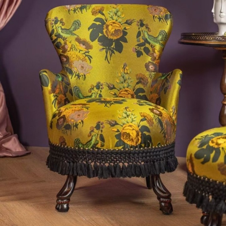 Green Floral High Back Accent Chair with Fringe and Wood Legs