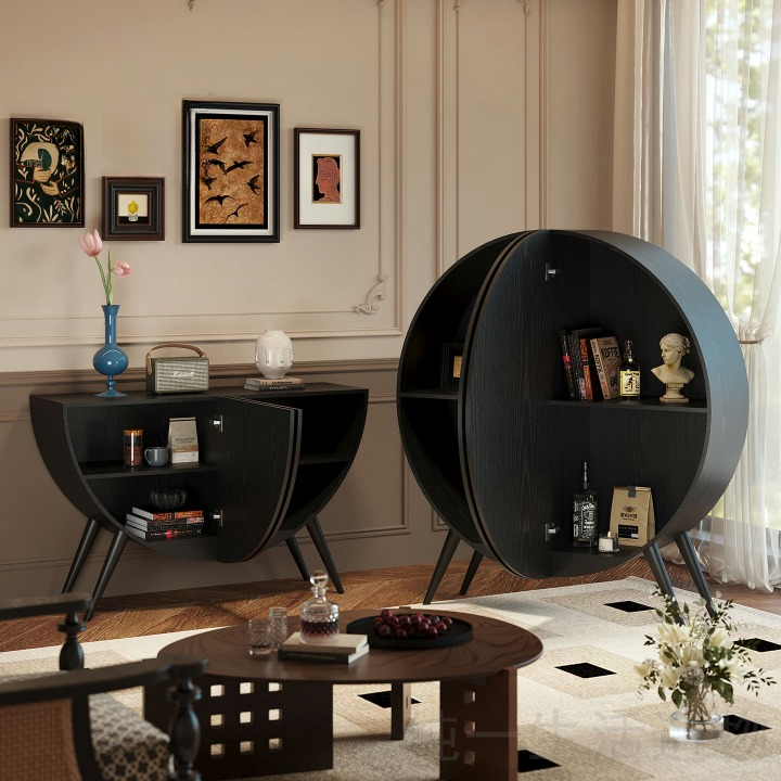Round Floral Storage Cabinet, Black Solid Wood Accent Cabinet