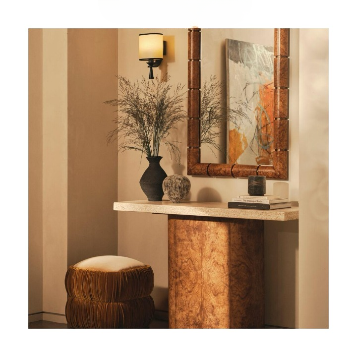 Travertine Top Console Table, Burl Wood Look Pedestal Entryway Table, Wabi Sabi Sofa Table for Hallway, Living Room, Foyer or Accent Decor
