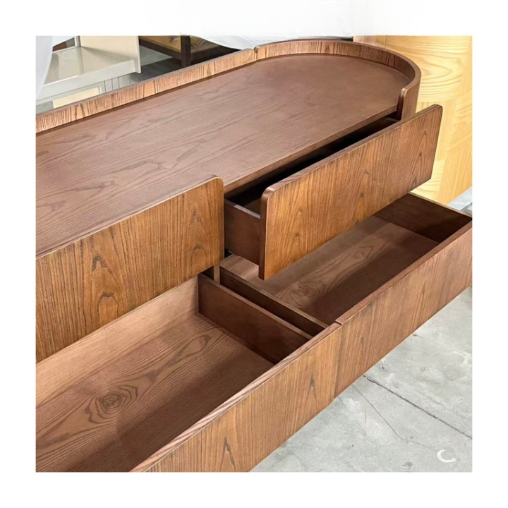 Natural Wood Sideboard Cabinet, Rounded Storage Credenza with 6 Drawers, Wabi Sabi Buffet Cabinet for Dining Room, Living Room, Entryway or Hallway