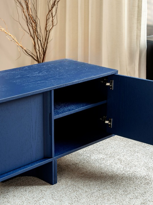 Blue Solid Wood TV Stand, 4 Door Media Console for Living Room