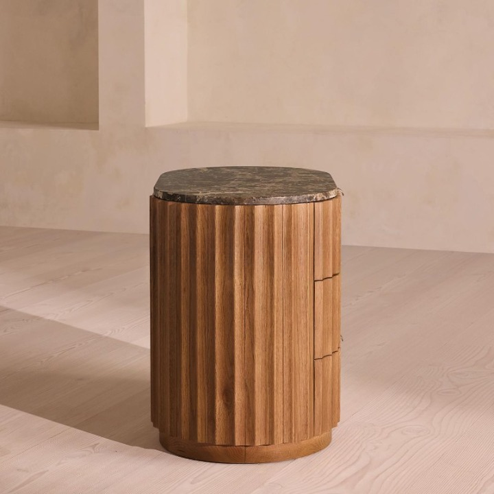 Marble Top Fluted Wood Nightstand, 3-Drawer Bedside Cabinet for Bedroom, Guest Room, Villa, Hotel, Sofa Side Table, Natural Brown