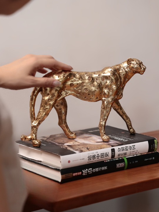 Antique Gold Resin Leopard Sculpture, Spotted Walking Big Cat Tabletop Figurine for Living Room, Entryway, Office Desk, Bookshelf, Console Table or Housewarming Gift