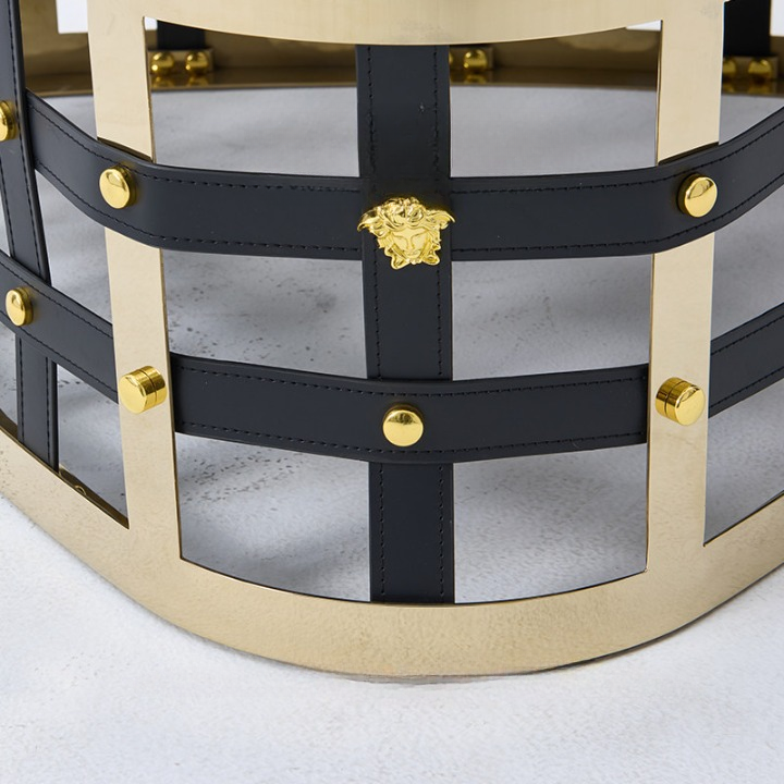 Modern Black Glass Coffee Table, Rounded Triangle Coffee Table with Gold Stainless Steel Frame, Saddle Leather Lattice Accent, Contemporary Center Table for Living Room and Lounge