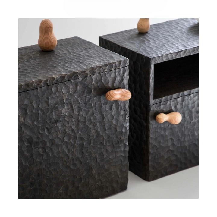 Black Hammered Wood Nightstand, Textured Bedside Cabinet with Door and Shelf, Wabi Sabi Accent Side Table for Bedroom Living Room Entryway